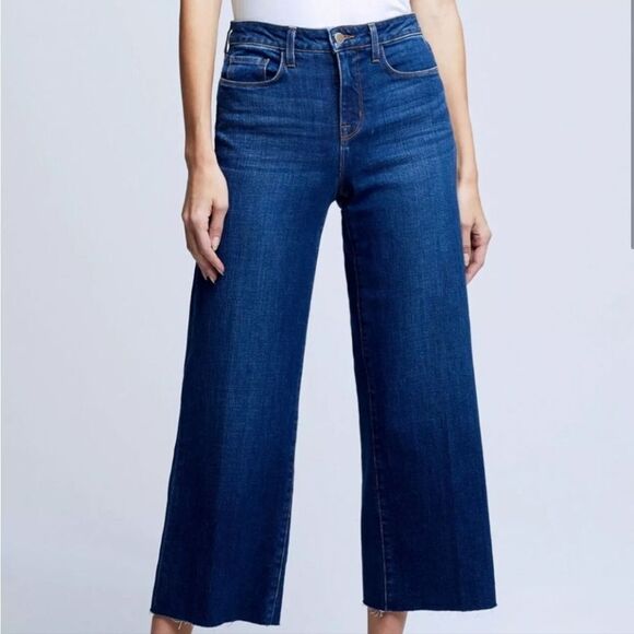L'agence Danica Wide Leg Jeans in Bering Blue Size 25 Cropped Cutoff  Raw Hem - Picture 1 of 14